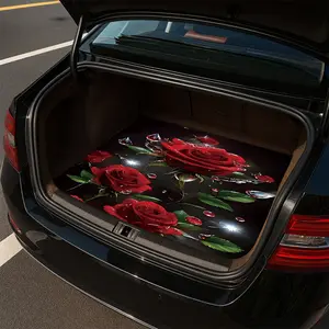 1PC, anti-slip and fashionable car trunk pad, with a detailed red rose dew pattern design - made of durable polyester material, it keeps the trunk dry and tidy, and is very suitable for storage and decoration.