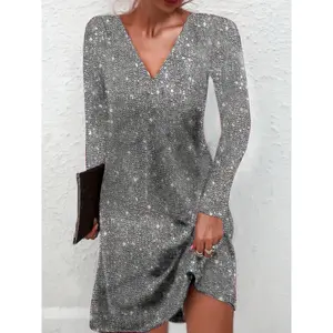 New Spring And Autumn Sequin Glitter V-Neck Long Sleeve Elegant Dress Minimalist Short Basic Comfort Womenswear Formal Fabric