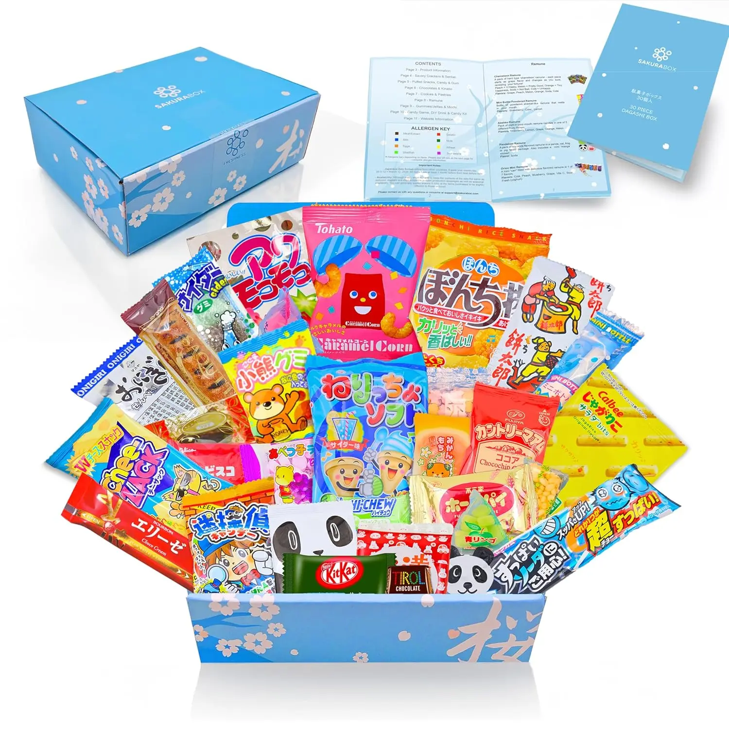 Traditional Japanese Dagashi Snacks Multipack, 30-Piece Chewy Sweet & Savory Candy Combo, Blue Box Gift Set with English Pamphlet, Ideal for Festive Occasions & Anime Lovers