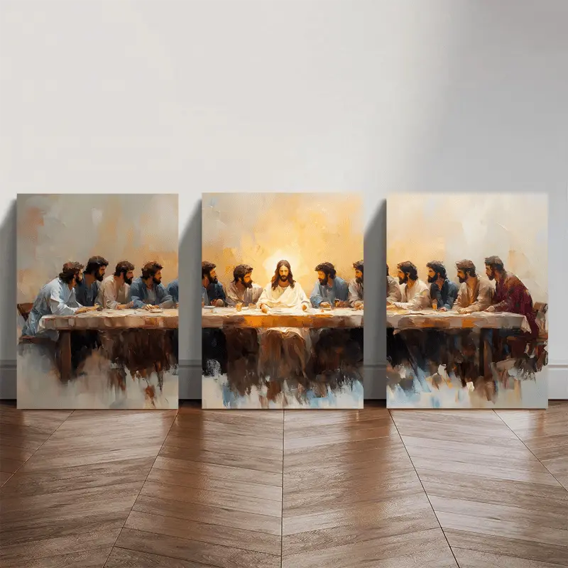 2D 3pcs Wooden Frame Canvas Painting, Set Of 3 The Last Supper Wall Art, The Last Supper Painting, The Last Supper Poster, The Last Supper Print, Last Supper with Jesus Painting, for Living Room Bedroom Home Wall Decoration, 2D Flat Illustrations Artistic