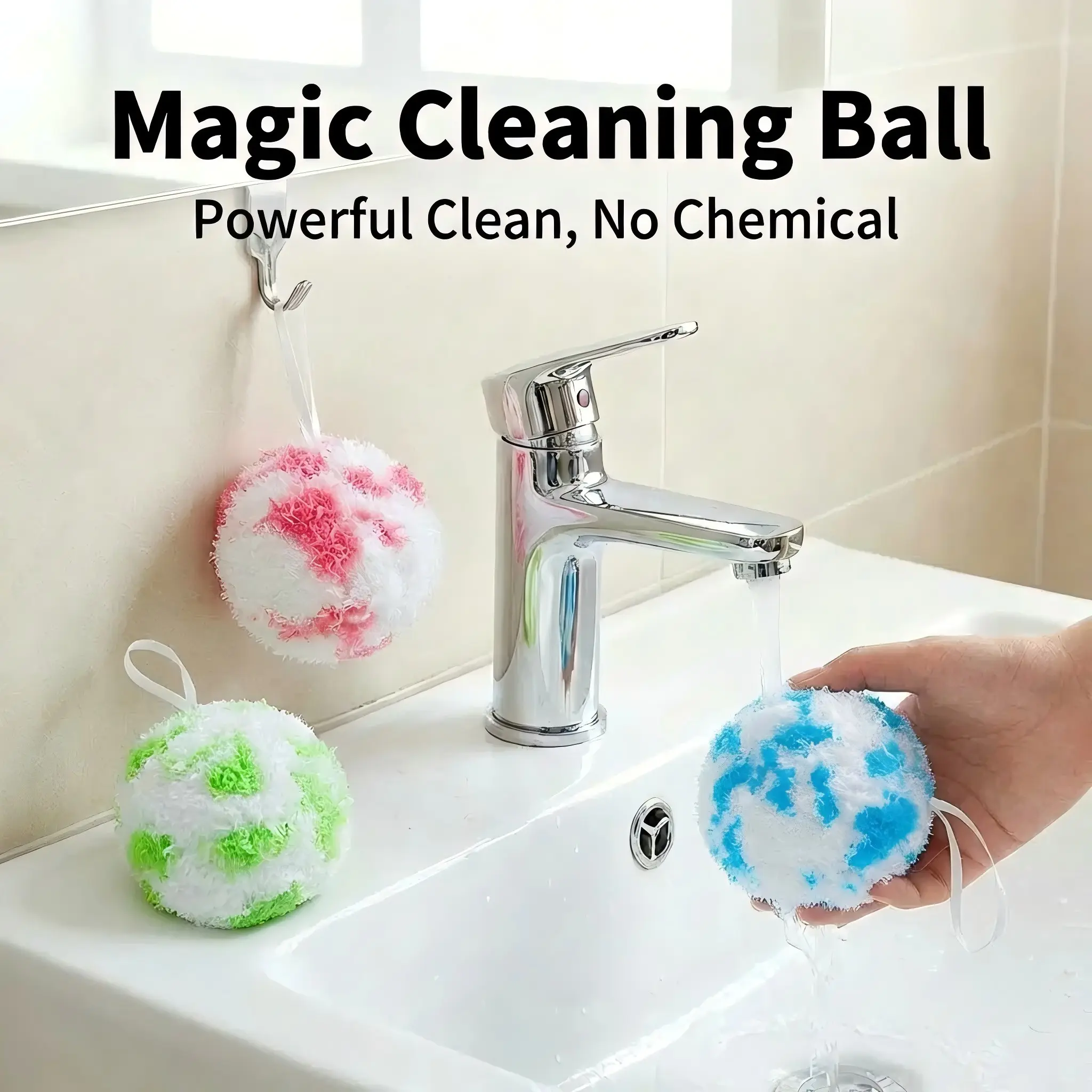 Magic Cleaning Balls 3PCS, No-Cleaner Multi-Purpose Scrubber, Wall-Mounted Bathroom Cleaning Kit for Sink, Bathtub, Vanity, Wash Basin & Faucet, Bathroom Cleaning Supplies, House Cleaning Tools