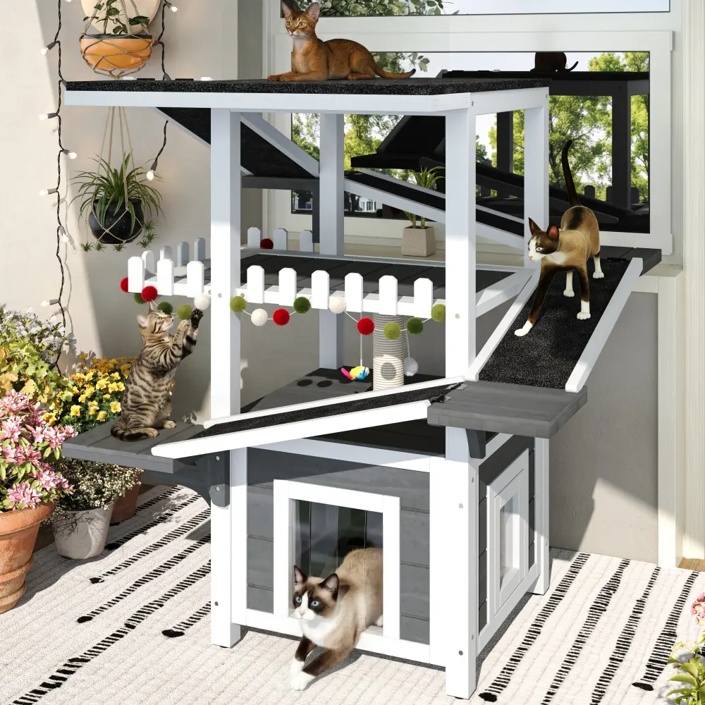 4-Tier Pine Wood Weatherproof Outdoor Small Animal Shelter Tower with Waterproof Roof, 2 Doors, Ergonomic Multi-Level Play Zones, Balcony, Stable Enclosure, Toy, 4 Climbing Ramps