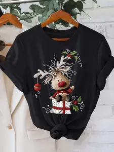 Christmas graphic print t-shirt, short sleeve crew neck casual top, summer and spring