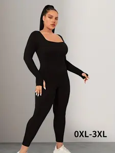 Plus Size Basic Solid Long Sleeve Square Neck Sports Jumpsuit, Sporty High Stretch Seamless Jumpsuit For Yoga Gym Workout, Women's Sport Outdoor Clothing, All Season Activewear