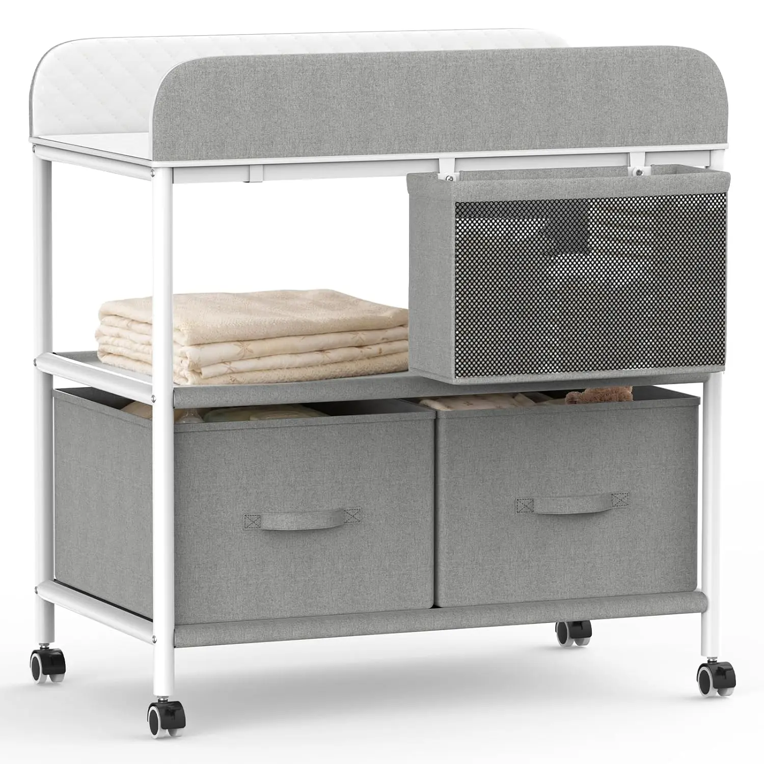 Portable Baby Changing Table with Wheels, Metal Frame Nursery Organizer with Fabric Storage Baskets and Waterproof Pad for Newborns 0 - 3 Years #tiktokshopsummersale