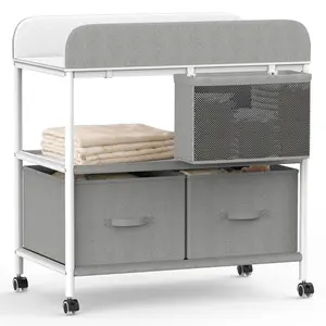 Baby Changing Table with Wheels, Mobile Diaper Changing Station with Waterproof Pad, Removable Storage Baskets & Safety Belt, Nursery Organizer for Newborns