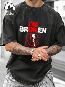 Men’s Vintage Washed Tactical T-Shirt, “I’m Broken” Dark Humor Graphic Tee, Trendy Casual Streetwear for Men