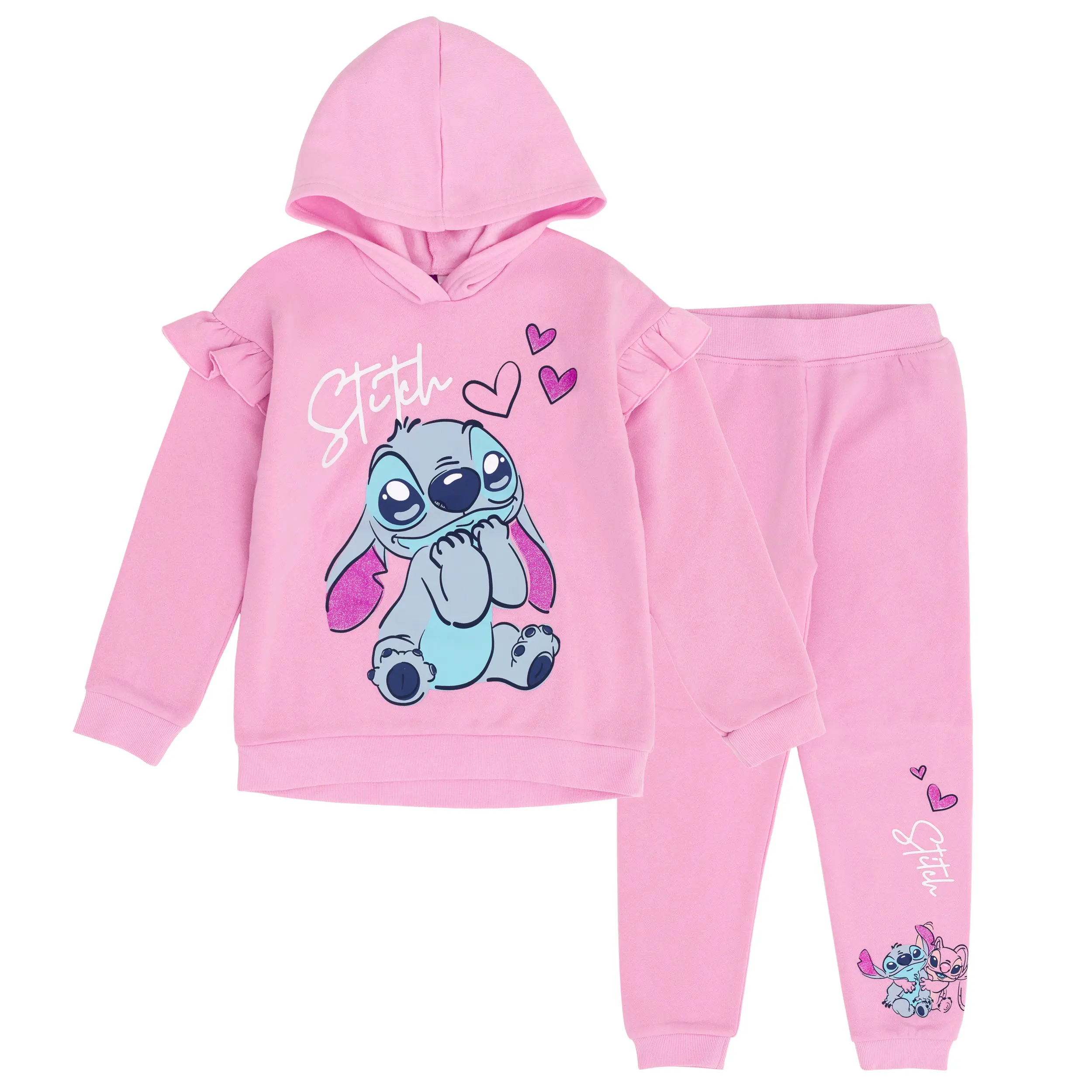 Disney Lilo & Stitch Girls' Ruffle Glitter Graphic Pullover Hooded Sweatshirt and Jogger Pants Outfit Pink Angel Little Kid to Big Kid