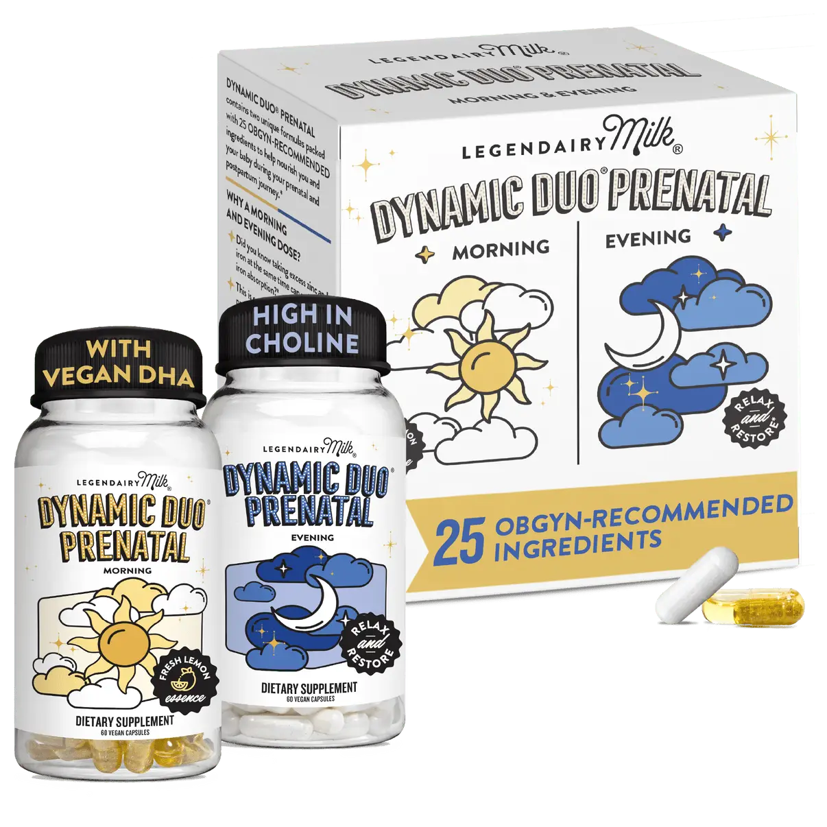 Dynamic Duo - Prenatal and Postnatal Vitamin - Legendairy Milk - AM/PM - Methylated Folate, Iron, Vitamin B6, & Choline - Vegan