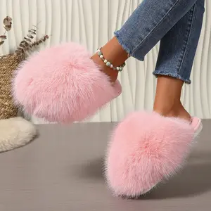Border Fluffy Furry Slippers Women, Autumn and Winter Fashion Large Size Closed-Toe Slippers, Women Shoes