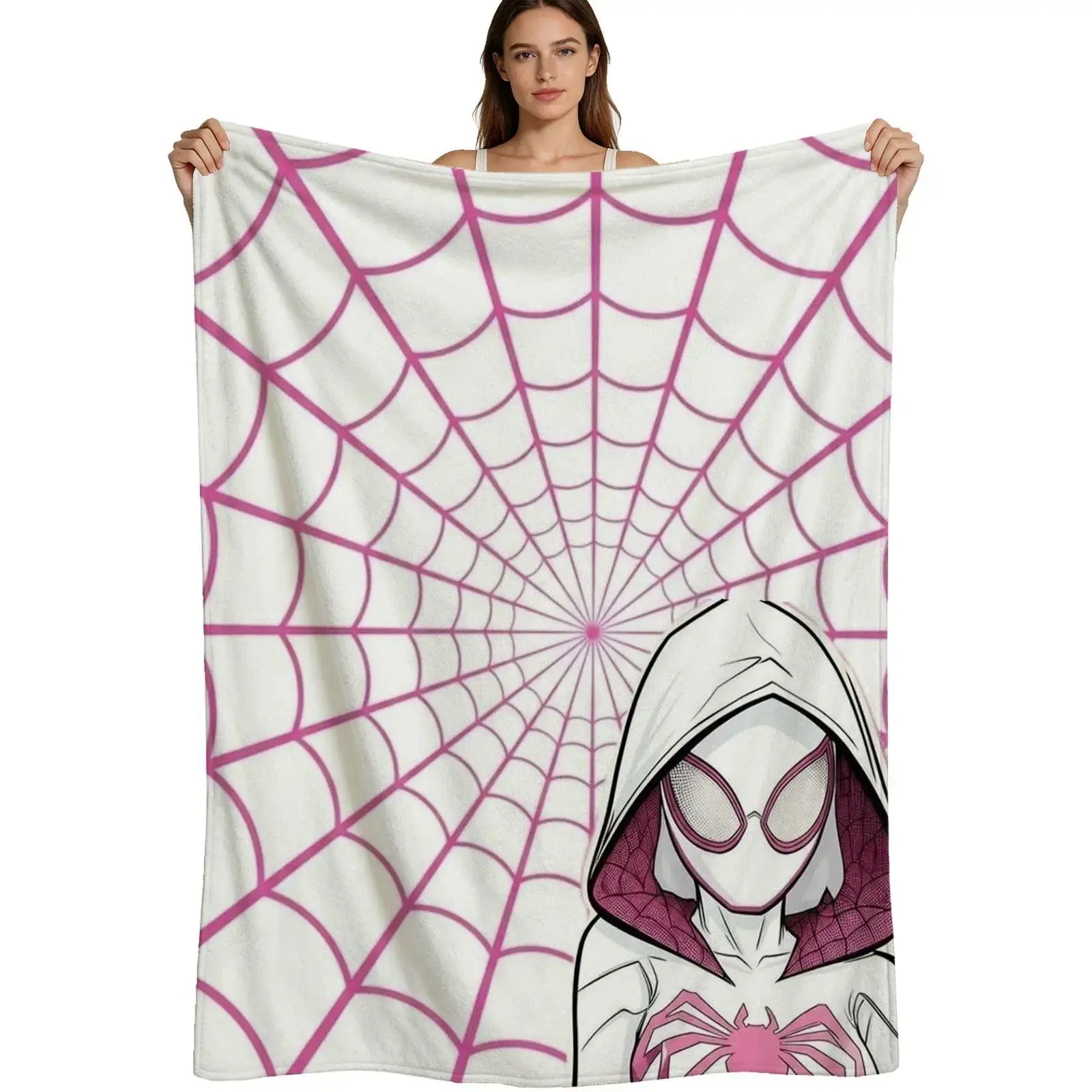 Spider Gwen Style Soft Plush Flannel Blanket, Pink Spider Web Pattern, Multi-Size (4 Options) Bedding Throw, for Fans & Bedroom Decor, Single Pack