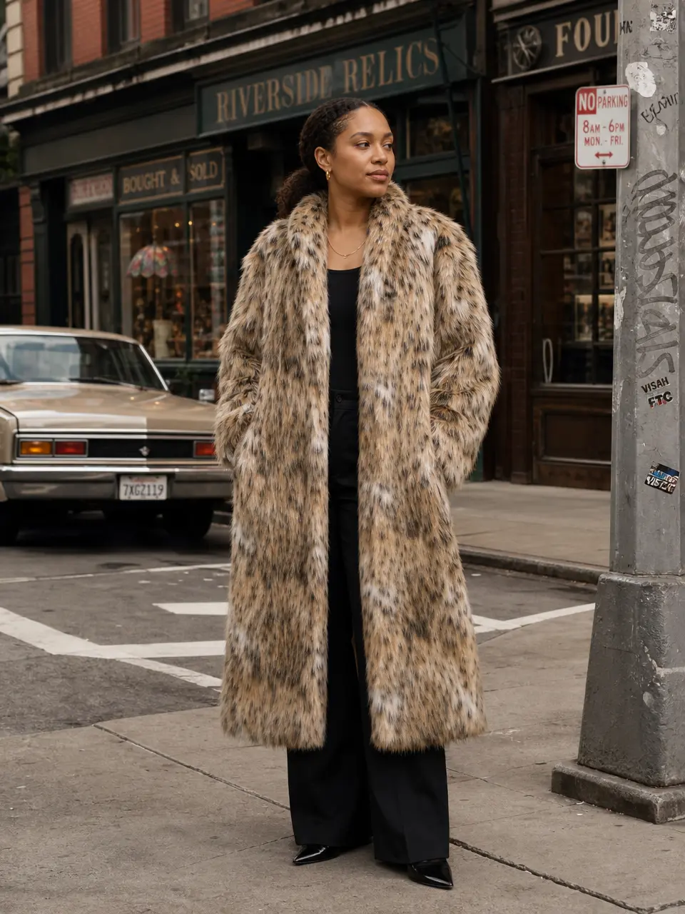 Women Y2K Luxury Oversized Faux Fur Long Coat Lynx Leopard Pattern Notched Collar Fluffy Warm Winter Outerwear