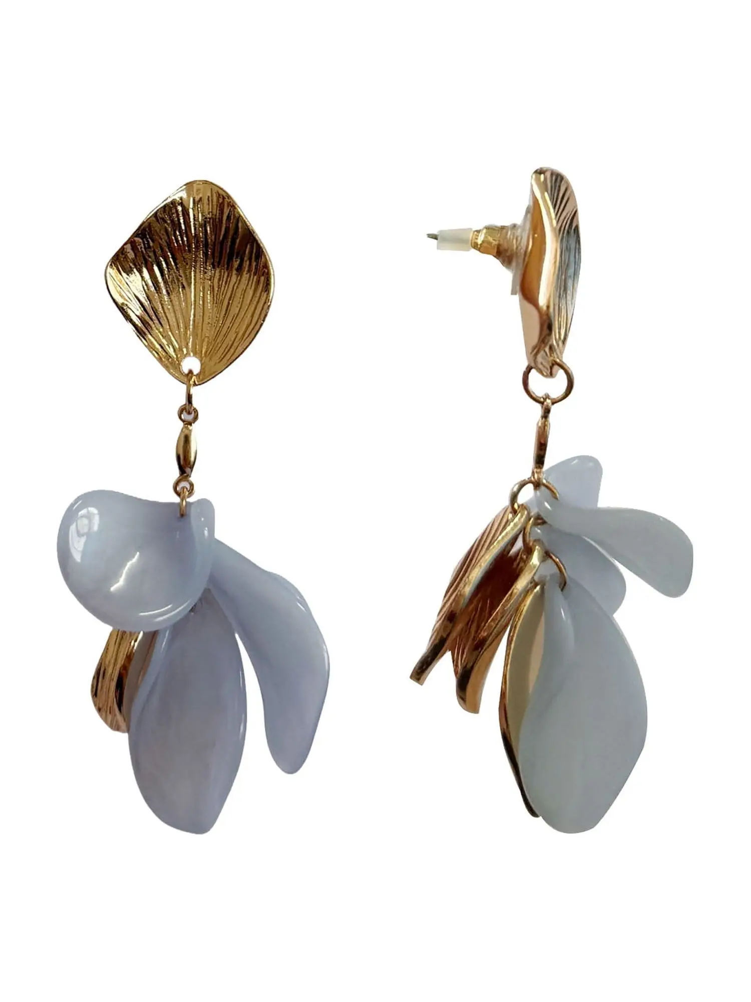 Women's Elegant Gold and Periwinkle Blue Acrylic Petal Drop Earrings - Modern Organic Botanical Cluster Statement Dangles