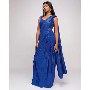5 Second Sari™ Royal Blue - Sequin Pre-Pleated Sari, Ultra Luxe Lycra, Instant Glamour in 5 Seconds, Cobalt Blue, Perfect Fit for Showstopper Girlies
