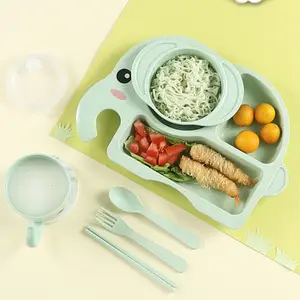 4 One/Set, Food Grade Plate, Drop-Resistant Split Design Plastic Food Supplement Plate Spoon Fork Chopsticks, Cartoon Elephant Plate