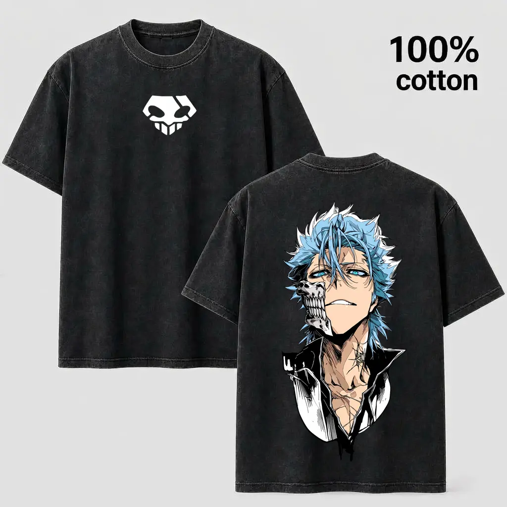 Vintage Washed 100% Cotton Anime Graphic T-Shirt - Bleach Grimmjow Oversized Short Sleeve Tee