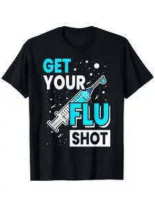 Men's Funny "Get Flu Vaccinated" Pattern T-Shirt-Funny Vaccine Awareness T-Shirt Design, Black and Blue Print, Round Neck Short Sleeve Casual..., quick-dry performance, minimalist style, unisex fit, office commute