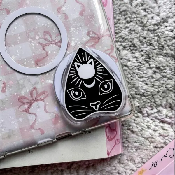 Cat Tattoo Phone Grip, Black Cat Ouija Planchette MagSafe PopSocket, Witchy Celestial Moon Cat Phone Socket, Goth Gift