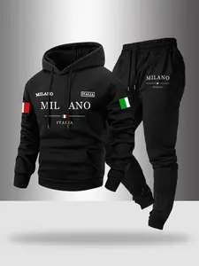 Men's Fall Winter 2 Piece Set Milano Letter Print Hoodie & Jogger Pants, Casual Soft Thick Fabric, Comfortable Fitted Design, Menswear