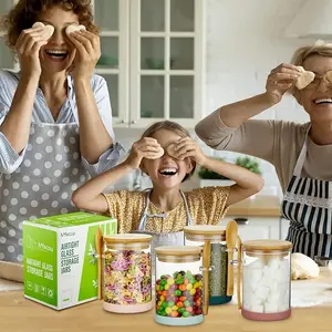 Set of 4 Airtight Glass Jars with Bamboo Lids & Spoons, 17 oz Borosilicate Overnight Oats Containers with Lids, Clear Food Storage Canister for Cookie, Candy, Coffee, Sugar, Matcha Tea, Flour