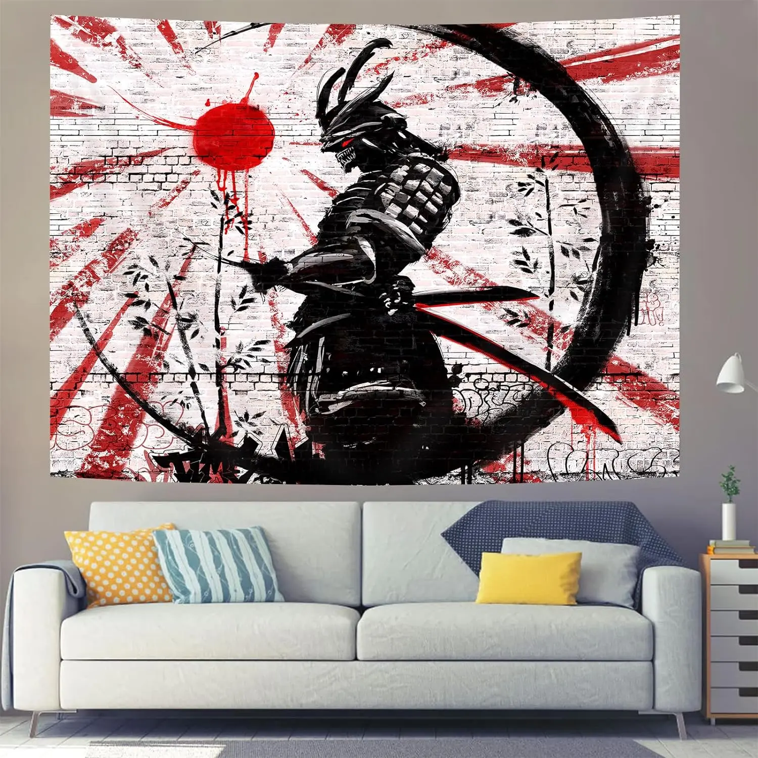 Japanese Samurai Art Cotton-Linen Decorative Tapestry - Lightweight Wall Hanging Wall Decor for Bedroom, Cool Red and Black Sun-Moon Anime Poster for Men's College Room, Room Art
