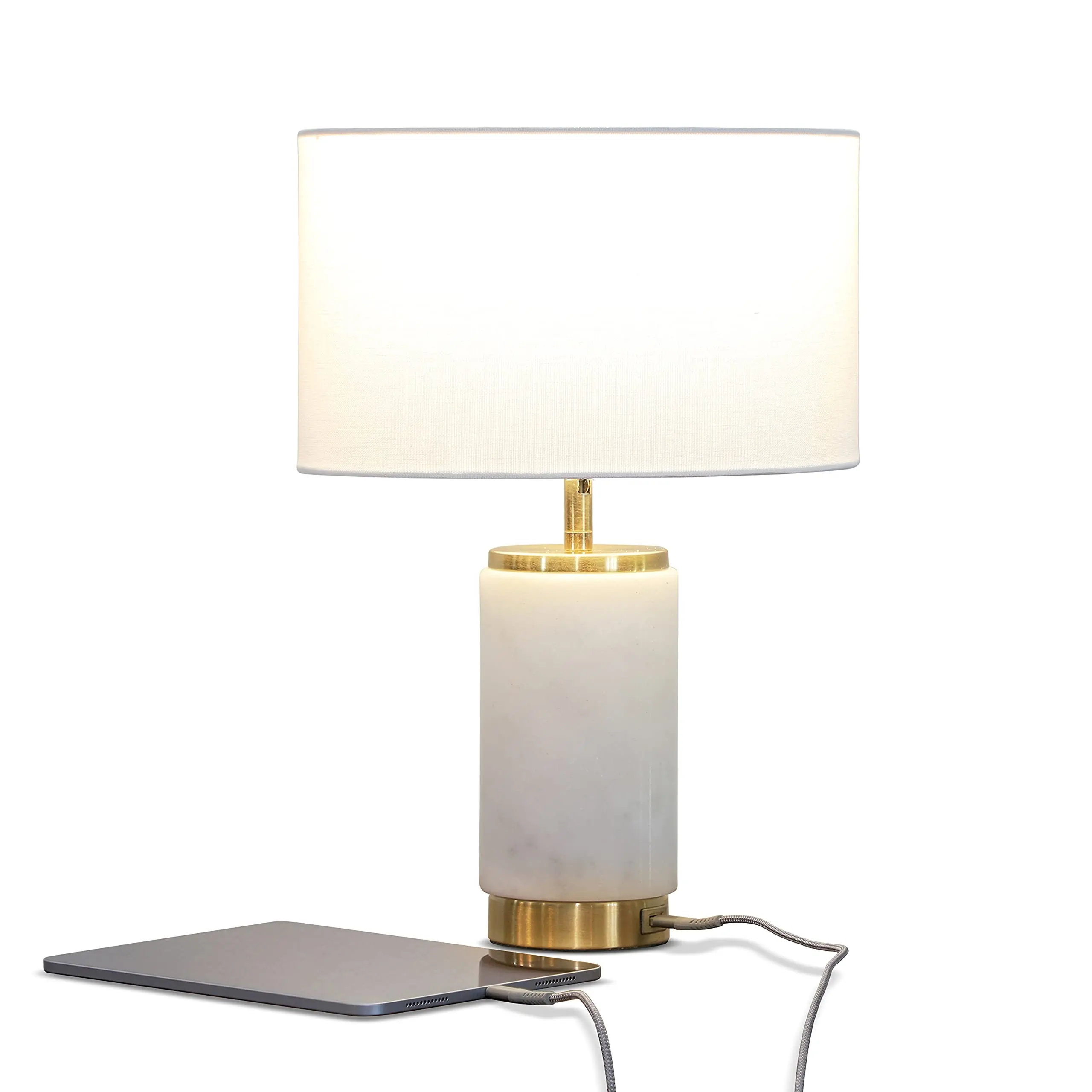 Brightech Arden LED Table Lamp With USB Port - Bedside Reading, Modern Desk, Nightstand With Ambient Lighting for Bedroom, Living Room, Office - Stylish Lampshade & Marble Finish