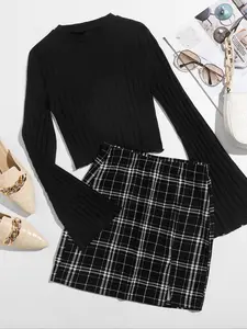 Women's Casual Ribbed Knit Long Sleeve Plaid Short Skirt Set Outfit, 2 Piece, Womenswear, Comfortable & Stylish Design, Perfect for Daily Wear