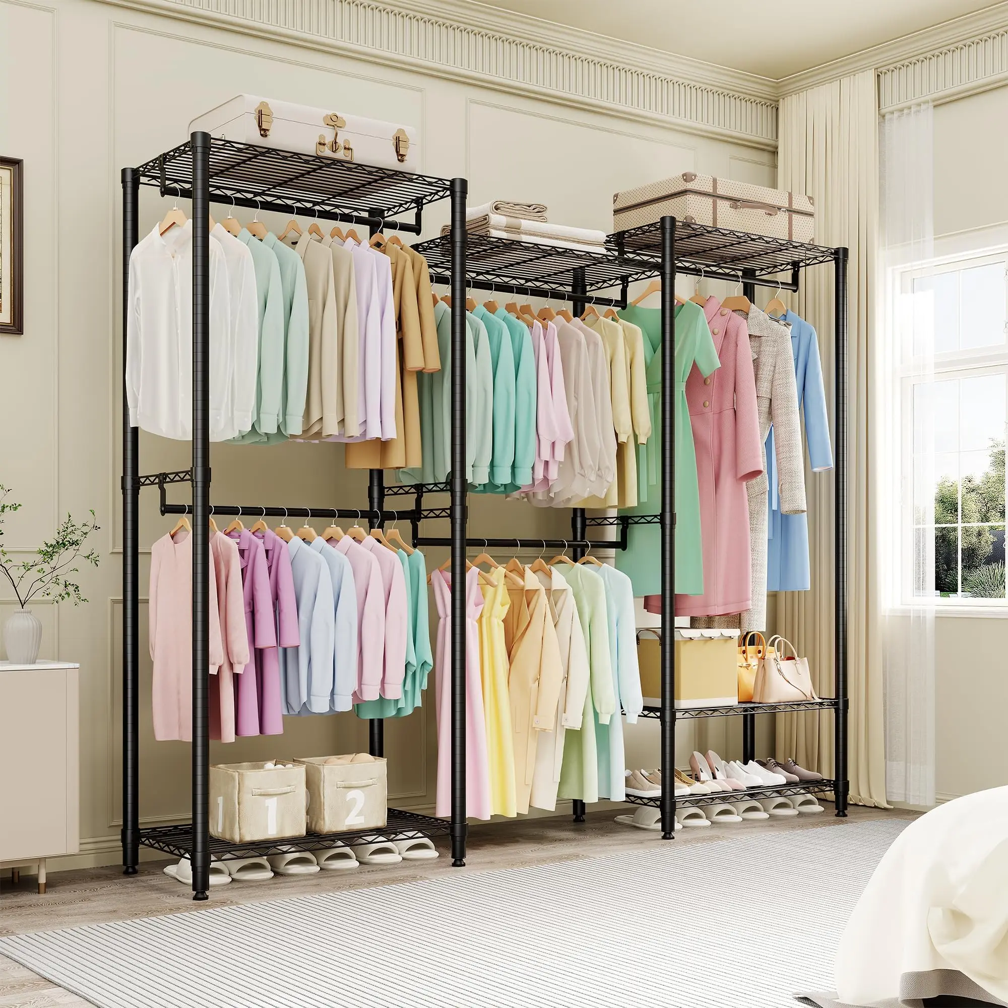 Garvee Heavy Duty l Shaped Clothes Rack with 8 Wire Shelves & 5 Hanging Rods, Adjustable Closet Organizer System, 1874 Lbs Capacity Portable Wardrobe for Bedroom Laundry Room