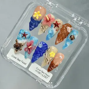 Promake 2026 New Summer Press-On Nails Collection| 100% Handmade Luxury Nails- Beach Ready Nails- Salon Nails at Home- Long Nail Set  with Art Designs & Care Tools - Ready to Gift - Size S-L