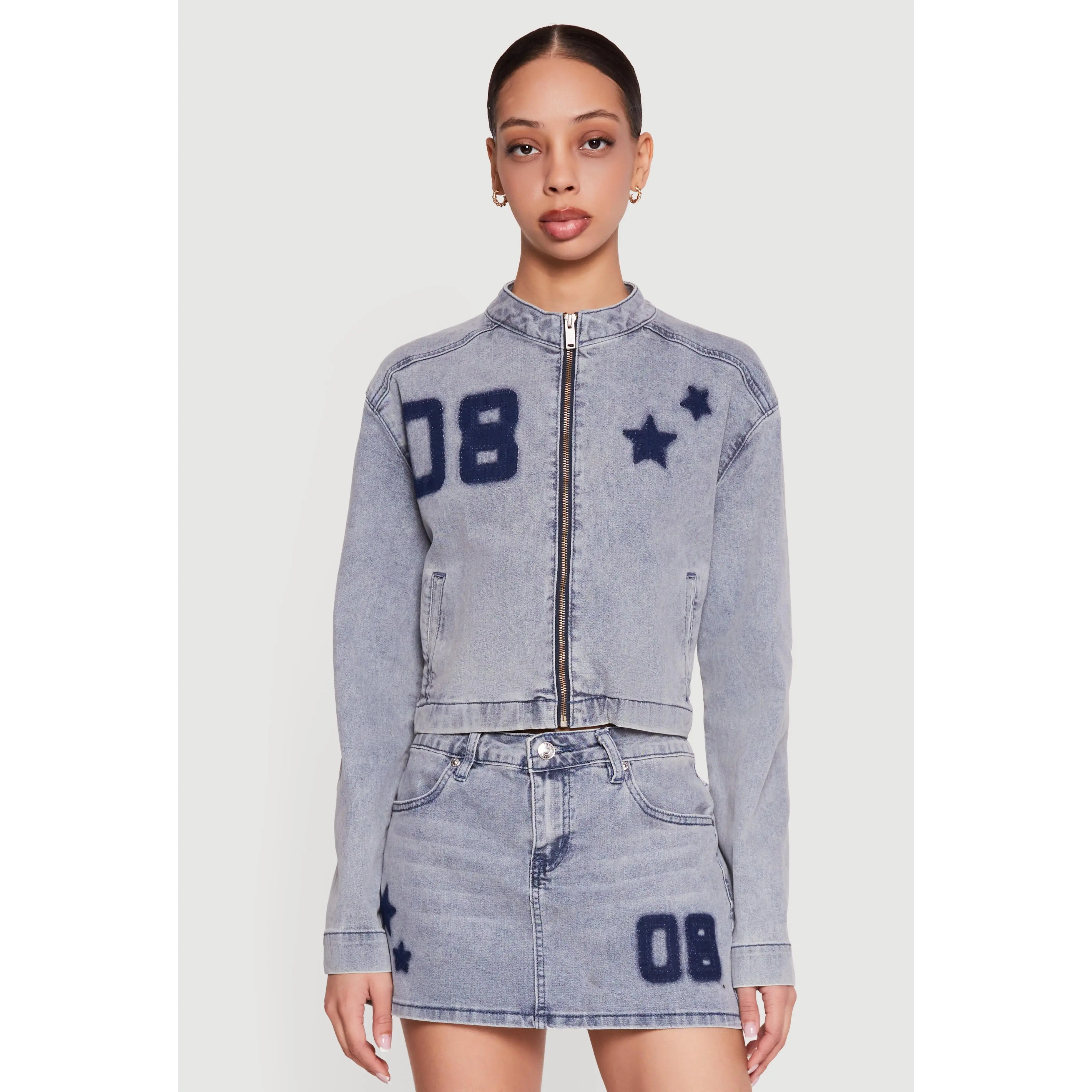 Almost Famous Acid Wash Denim Graphic Zip Front Jacket