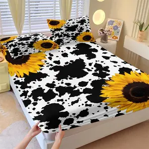 Western Cow Print Sunflower Non-Slip Fitted Sheet Set, 1 Fitted Sheet + 2 Pillowcases, Farmhouse Black White Cowhide & Yellow Sunflower Bedding, Cozy Microfiber Bed Cover for Rustic Bedroom Decor