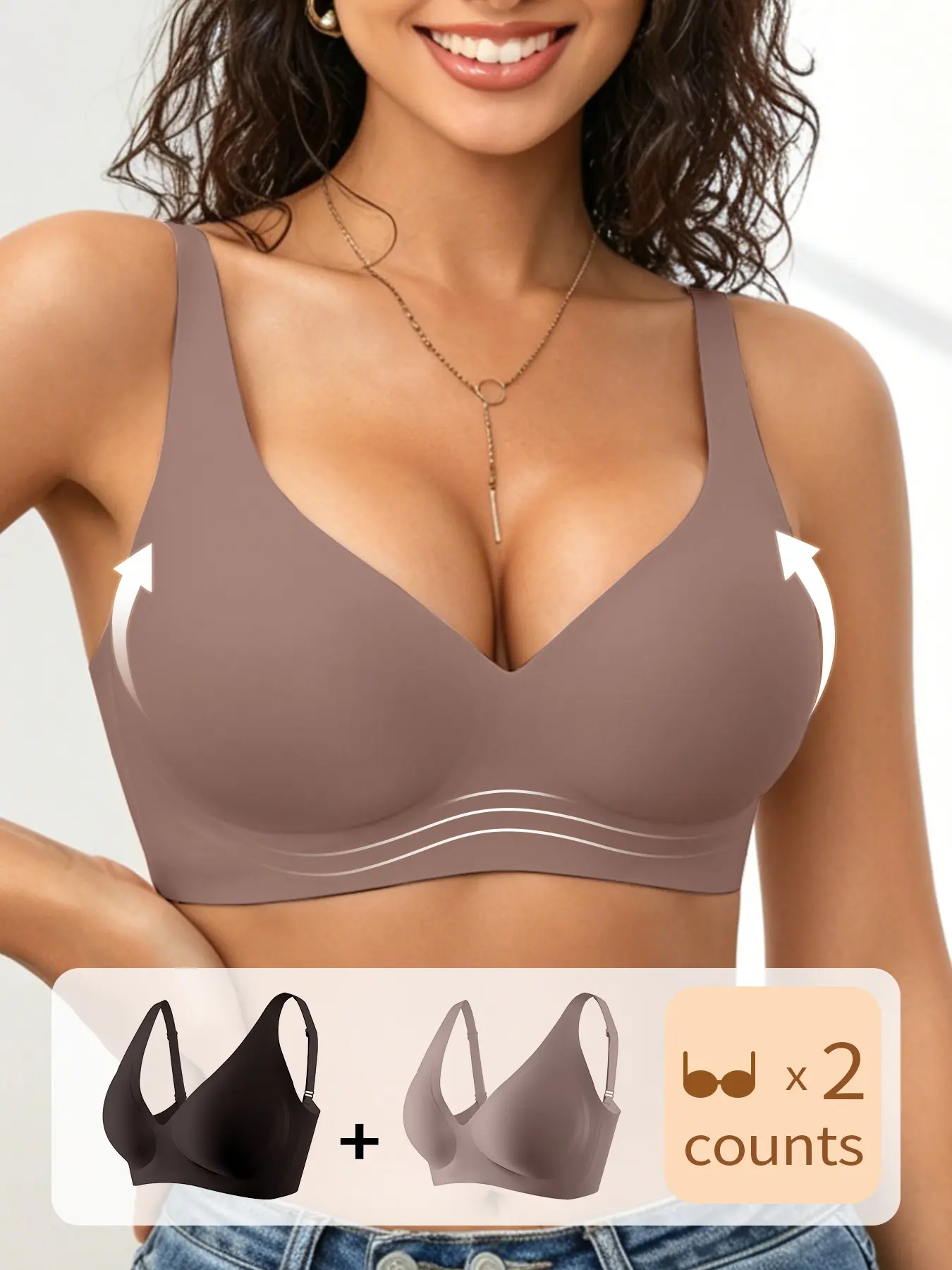 2-Pack Jelly Bra Seamless Deep V Push-Up Underwire-Free Breathable Half-Cup Pads, Soft Comfortable Daily Wear Women's Bras