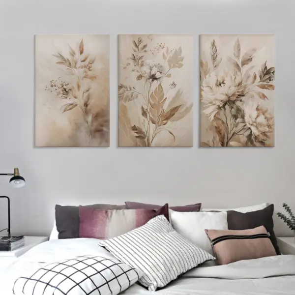 Beige Abstract Flower 3-Piece Multi-Size Canvas Wall Art Set - 12"x16",16"x24" Neutral Plant Print Edged Canvas, UV-Resistant Non-Toxic Eco-Friendly Home Decor, Easter Mother's Day Gift Idea for Room Hanging