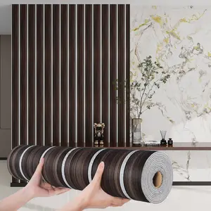 1 roll wood-grain slat-style wall sticker, self-adhesive coated wallpaper with waterproof and sound-insulating features. Textured design with a matte wood finish, easy to clean, install, and removable. Ideal for living room, bedroom, dining room, and ceil