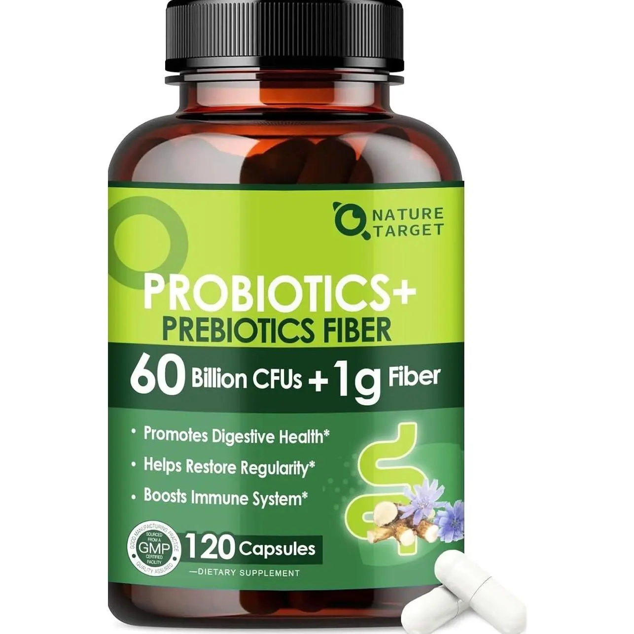 NATURE TARGET Prebiotic Fiber Supplement with 60 Billion Probiotics for Digestive Health - Prebiotics and Probiotics for Women & Men Regularity, Supports Occasional Constipation - 120 Veggie Capsules
