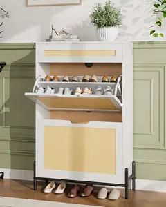 Slim Wooden Entryway Shoe Rack with 2 Drawers, Linen Panel & Adjustable Shelves - Space-Saving Organizer for Hallway, Entry & More