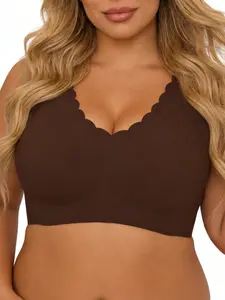 Large Size Seamless No Underwire Bra, Wave Trim Design, Fashion Comfortable T-Shirt Style Vest, Full Coverage Bras