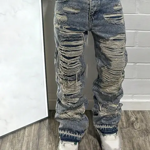 Y2K Streetwear Ripped Catwalk Style Straight Leg Denim Jeans, Cotton Material Pants, Casual Daily Wear, All-Season Fashion, Menswear
