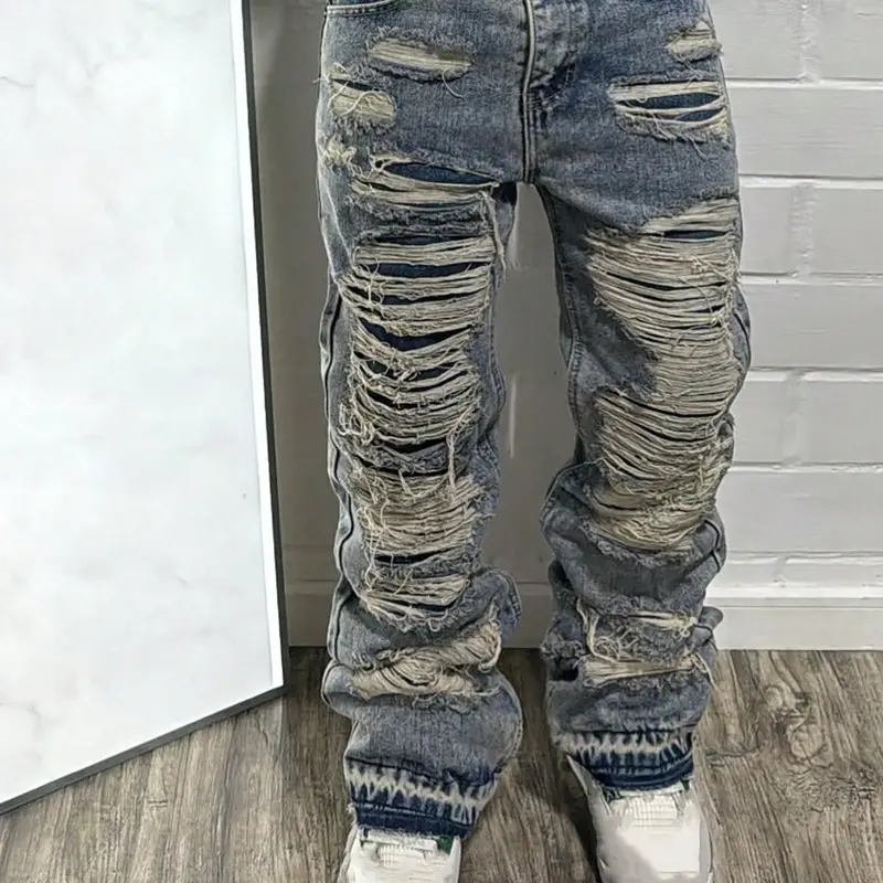 Y2K Streetwear Ripped Catwalk Style Straight Leg Denim Jeans, Cotton Material Pants, Casual Daily Wear, All-Season Fashion, Menswear