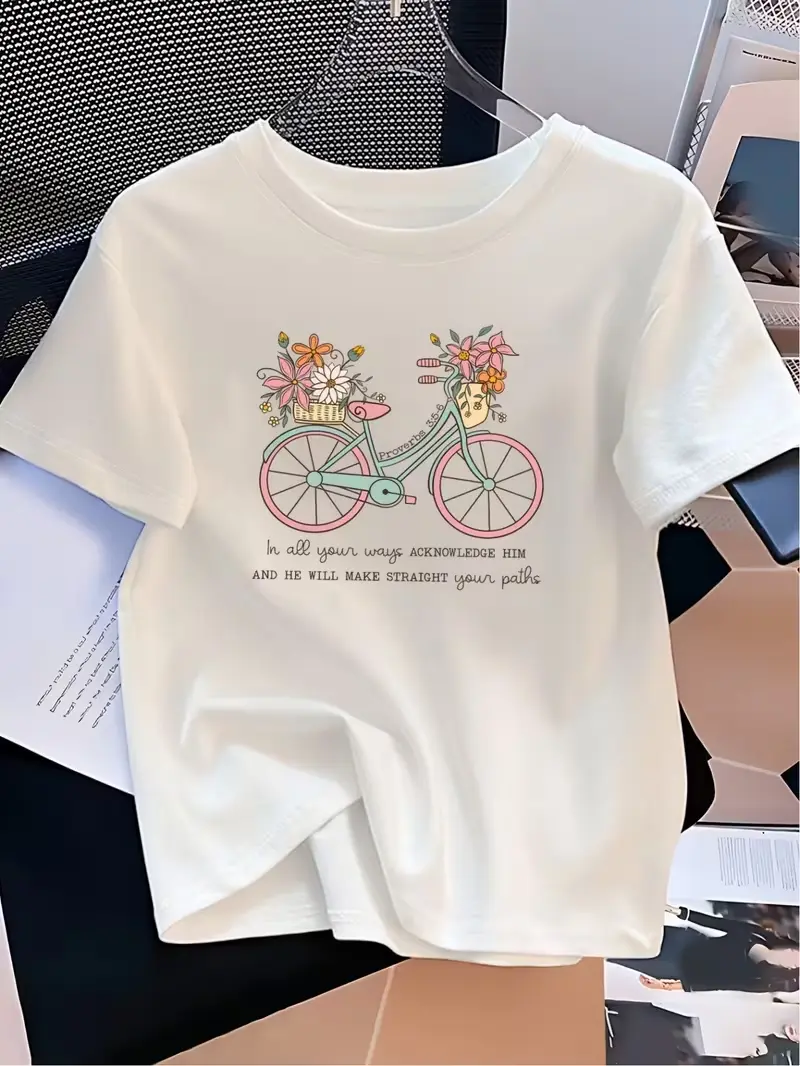 Vintage Floral Bicycle Bible Verse Proverbs Graphic T-Shirt, In All Your Ways Acknowledge Him Christian Faith Tee, Casual Cotton Short Sleeve For Women