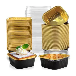 Reusable Cupcake Liner with Lid, 5oz Square Dessert Flan Baking Cup with Lid, Aluminum Foil Cupcake Favor for Wedding Birthday Party, Bakeware, Cake Box