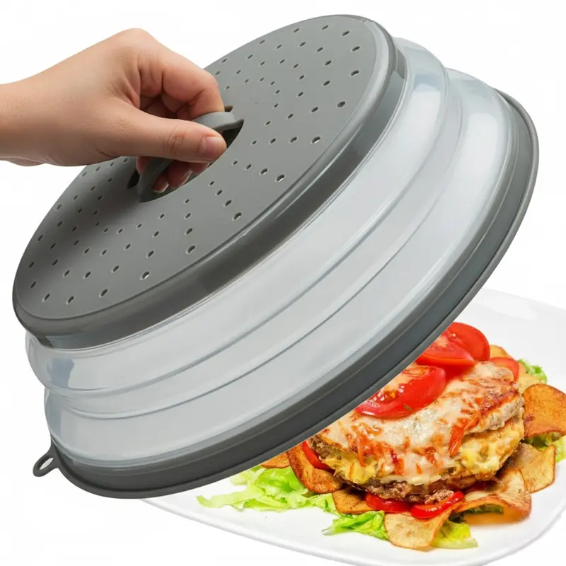 Collapsible Microwave Cover & Grey Durable Dish Steam Prevention Utensils & Microwave Safe Colander Lid for Food & Fruit & Kitchen Silicone Tool