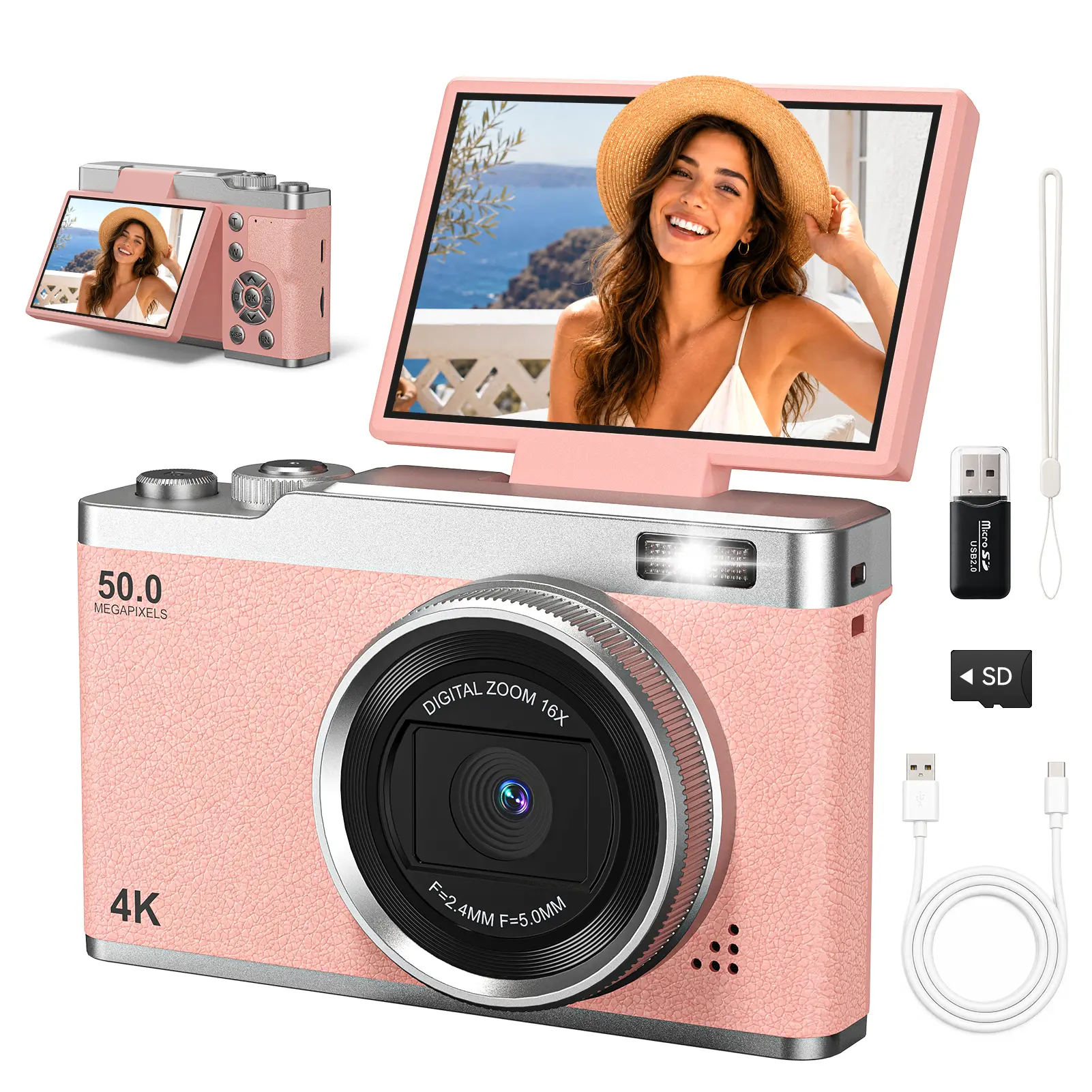 4K Digital Camera for Vlogging, 48MP Photo Camera with 16X Digital Zoom, 2.4" IPS Screen, Portable Camera for Travel, Daily Moments & Content Creation, High Resolution Video Camera with Rechargeable Battery, Perfect Gift for Beginners, Teens and Creators