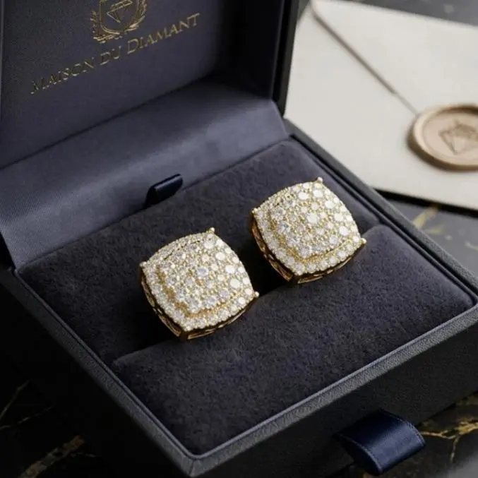 Hip Hop Micro Pave AAA Zircon Square Geometry Stud Earrings - Luxury Artificial Gemstone Gold Jewelry, Men's Earrings for Men and Women, Gold Earrings