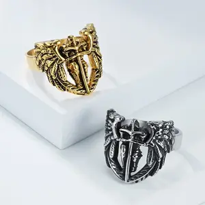 Men's Fashion Hip-Hop Style Archangel Michael Titanium Steel Ring - Artistic Retro Wing Design Index Finger Band