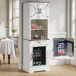 VanAcc Bar Cabinet with Fridge, 69" Wine & Liquor Cabinet with Drawers & Adjustable Shelves, Farmhouse Coffee Bar Cabinet for Home Bar, Dining Room, Living Room