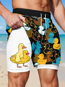 Men's 2-in-1 Quick Dry Swim Shorts, Funny Rubber Duck Print, Cartoon Graphic, Drawstring Waist, Compression Liner, Casual Summer Beach Shorts