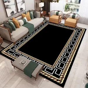 Modern Greek Key & Gold Chain Flannel Area Rug - Black Geometric Border Print Soft Mat for Living Room & Hallway, Non-Slip Luxury Home Decor #ModernGreekKeyRug #GeometricBorderMat #LuxuryHomeDecor #GoldChainCarpet #NonSlipFlannelRug