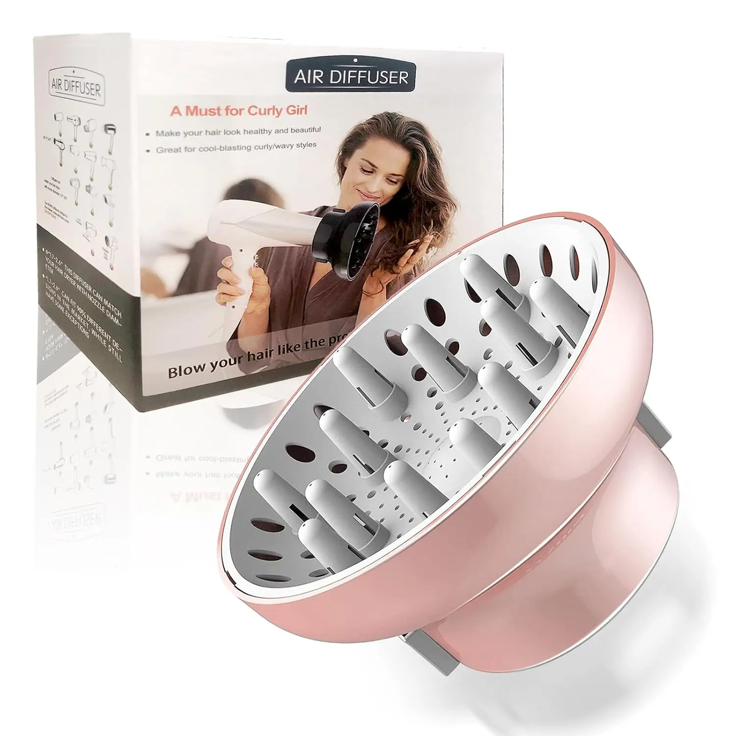 Universal Hair Dryer Diffuser - Fits 1.7-Inch to 2.6-Inch D-Shape Blow Dryers, for Curly or Natural Wavy Hair, Pink