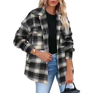 Women's Flannel Plaid Shacket Fall Winter Outfits Long Sleeve Button Down Shirts Jacket Coats with Side PocketsGift